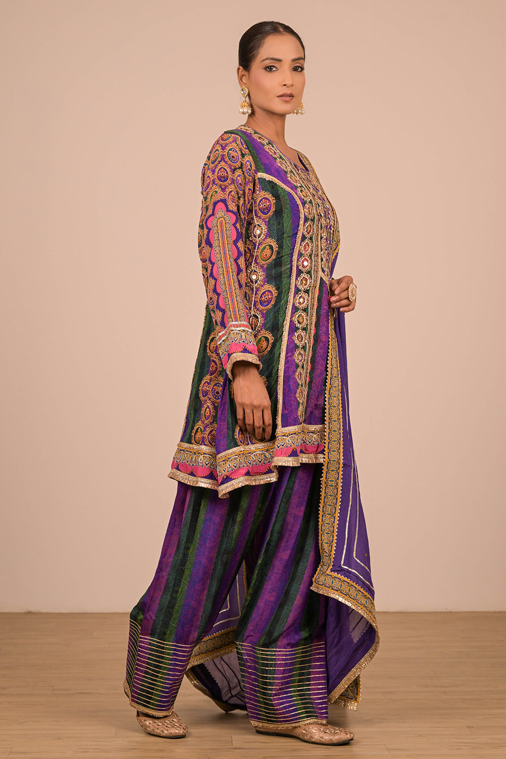 Purple Suit Set with Farsi Salwar And Bag