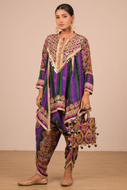 Purple Crepe Suit With Tulip Pant And Bag