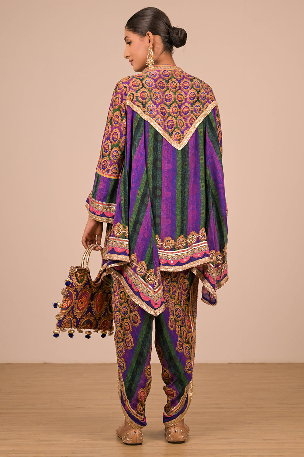 Purple Crepe Suit With Tulip Pant And Bag