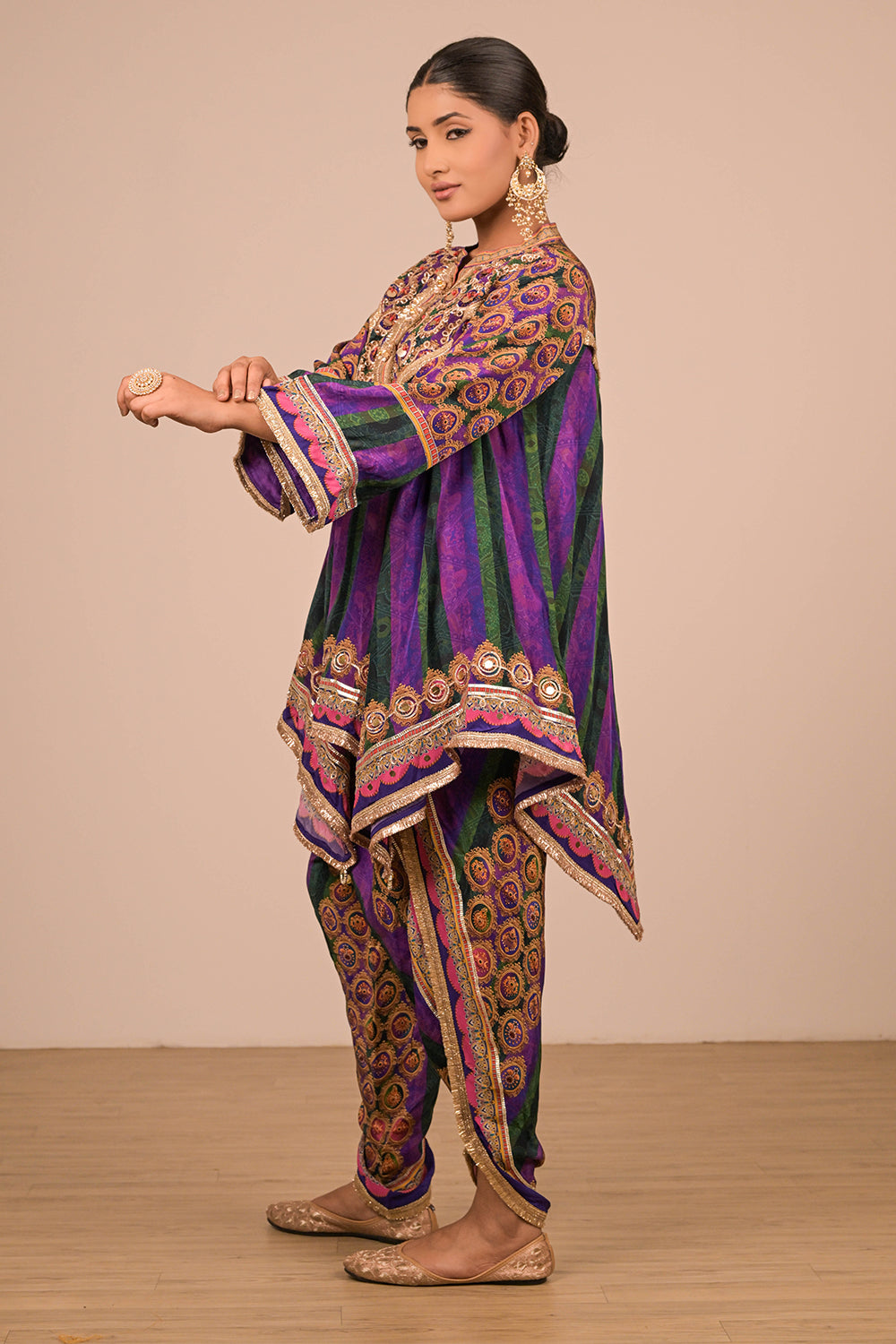 Purple Crepe Suit With Tulip Pant And Bag