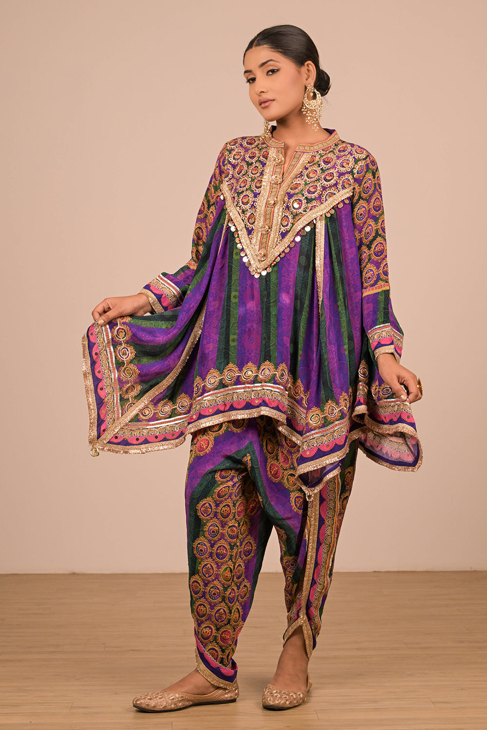 Purple Crepe Suit With Tulip Pant And Bag