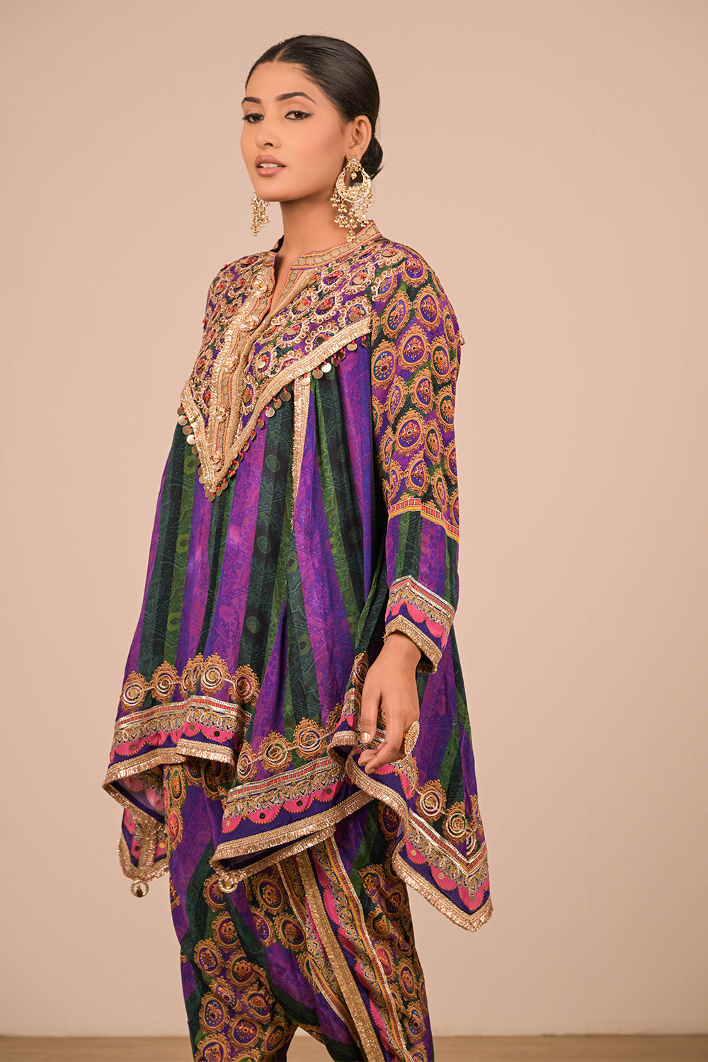 Purple Crepe Suit With Tulip Pant And Bag