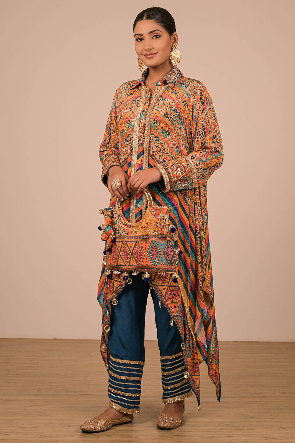 Multicolour Asymmetrical Kurta Set With Bag