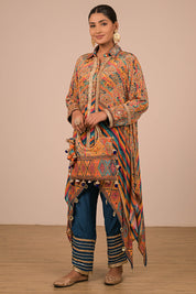 Multicolour Asymmetrical Kurta Set With Bag