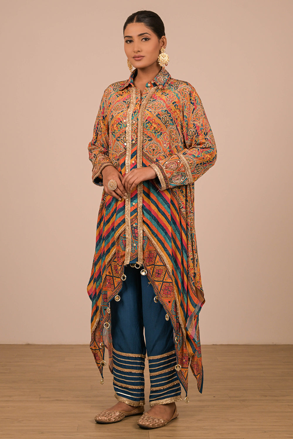 Multicolour Asymmetrical Kurta Set With Bag