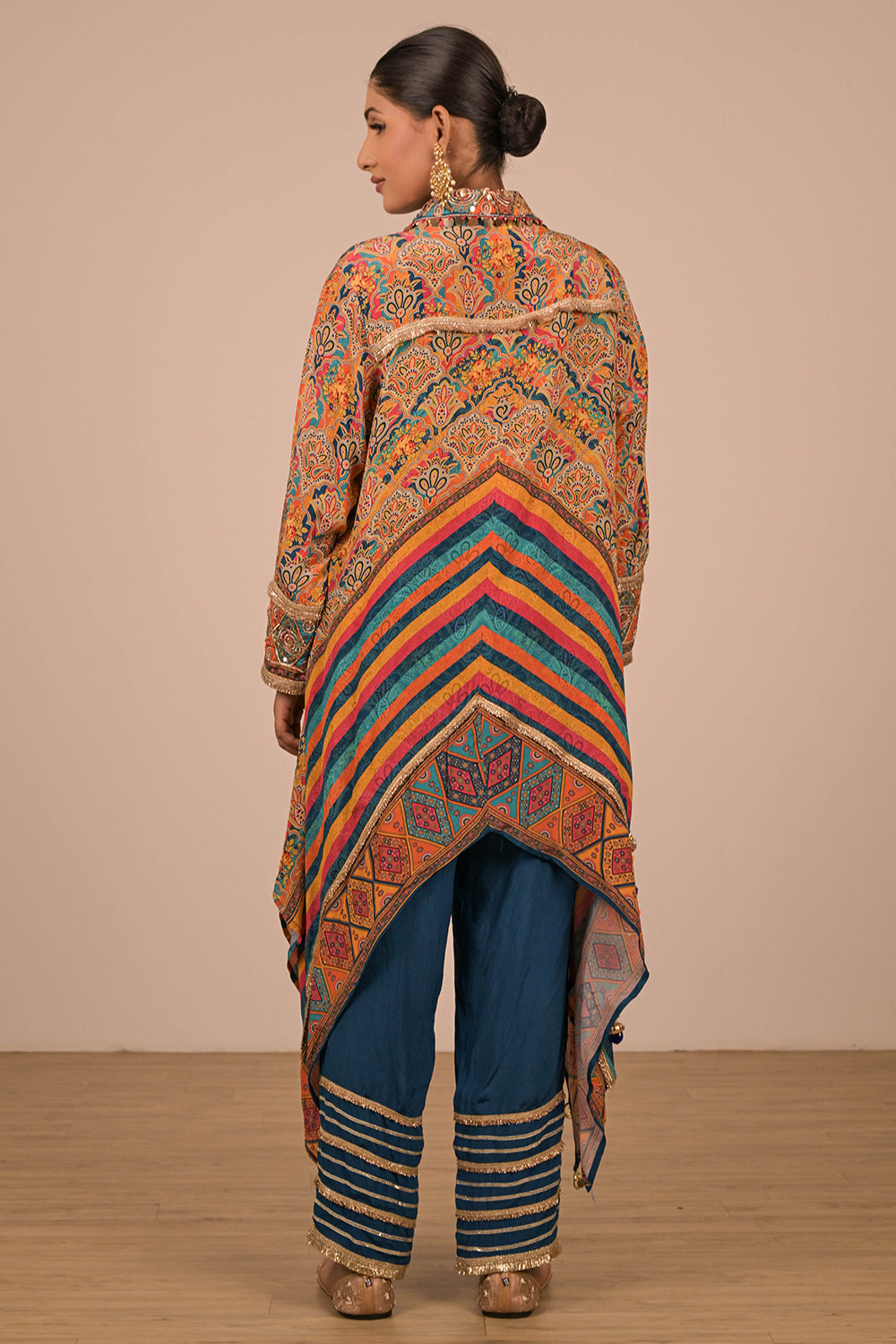 Multicolour Asymmetrical Kurta Set With Bag