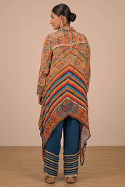 Multicolour Asymmetrical Kurta Set With Bag