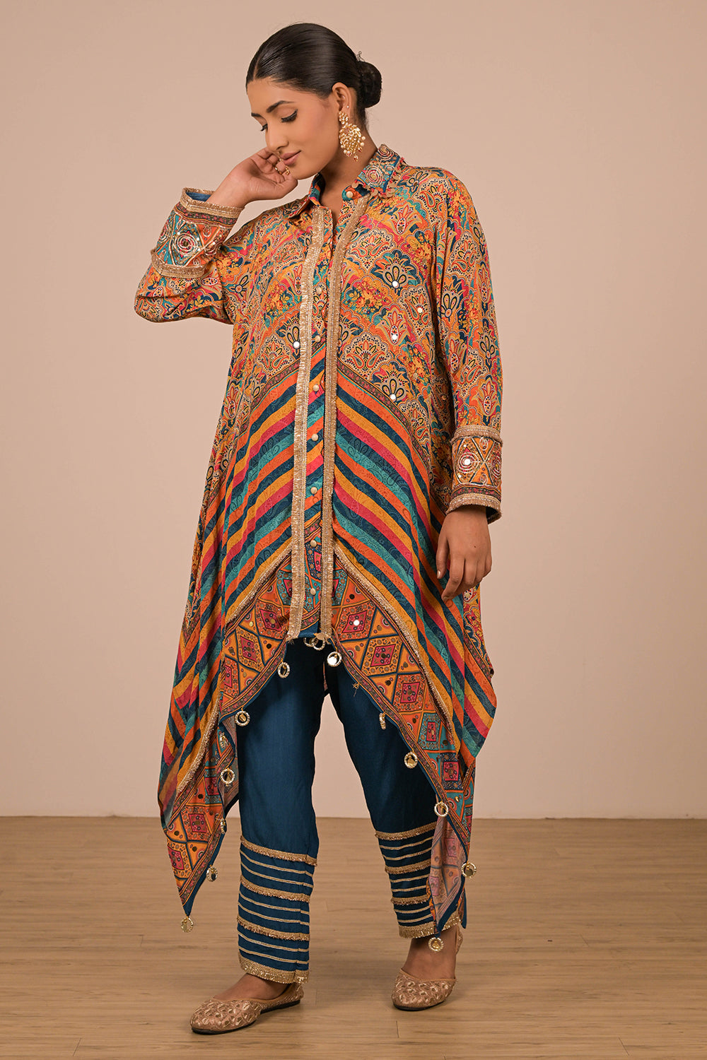 Multicolour Asymmetrical Kurta Set With Bag