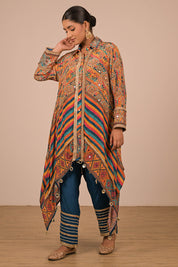 Multicolour Asymmetrical Kurta Set With Bag