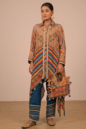 Multicolour Asymmetrical Kurta Set With Bag