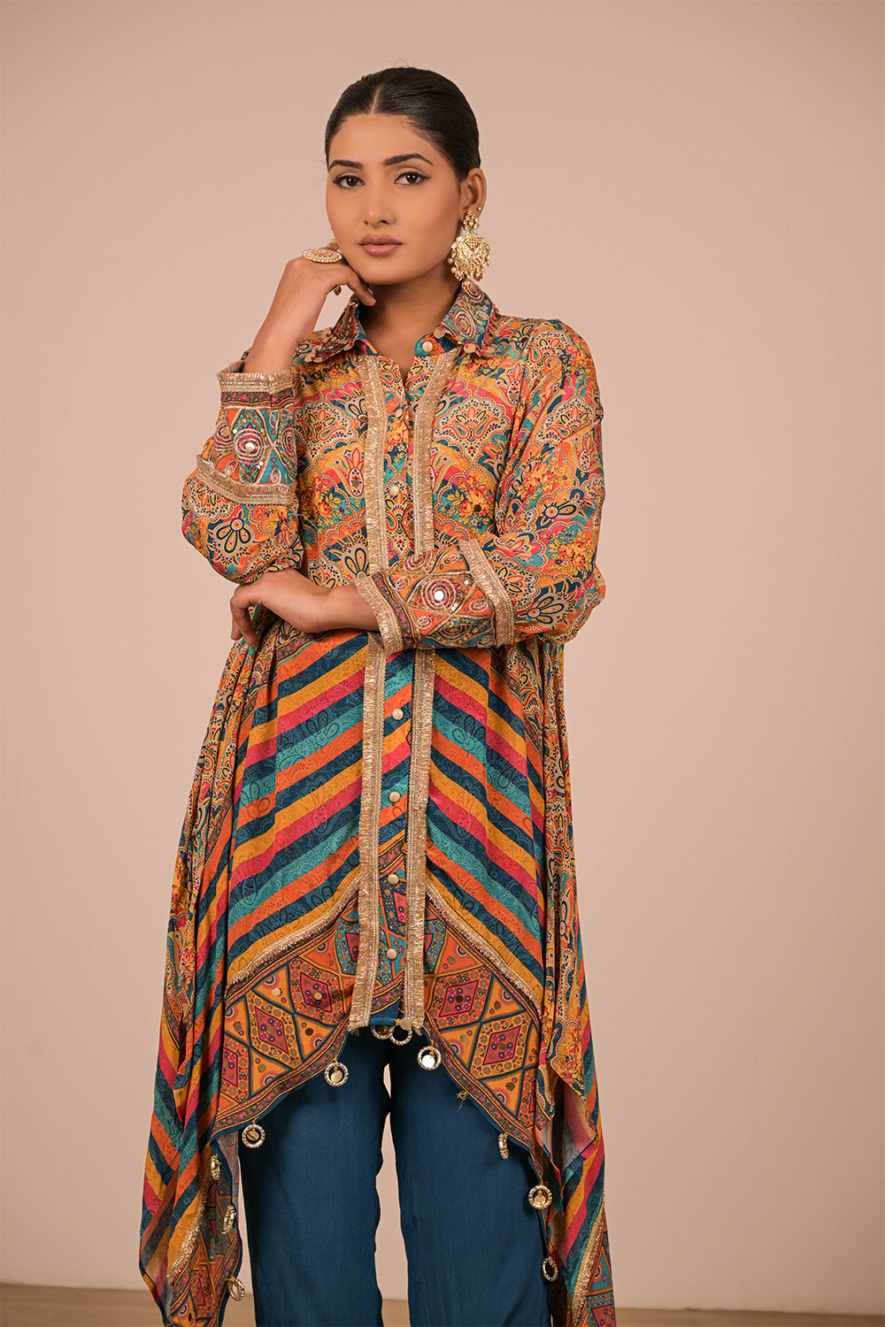 Multicolour Asymmetrical Kurta Set With Bag