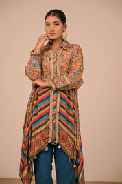 Multicolour Asymmetrical Kurta Set With Bag