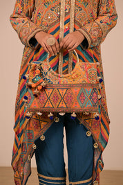 Multicolour Asymmetrical Kurta Set With Bag