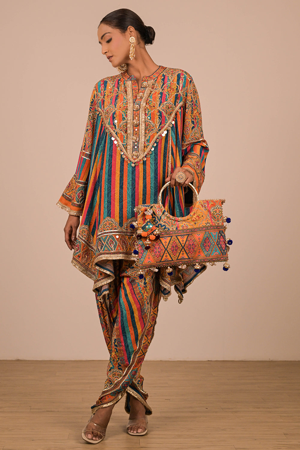 Multicolour Crepe Suit With Tulip Pant And Bag