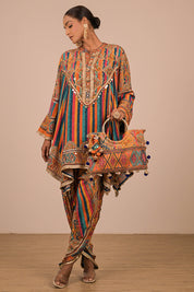 Multicolour Crepe Suit With Tulip Pant And Bag