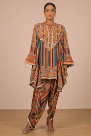 Multicolour Crepe Suit With Tulip Pant And Bag