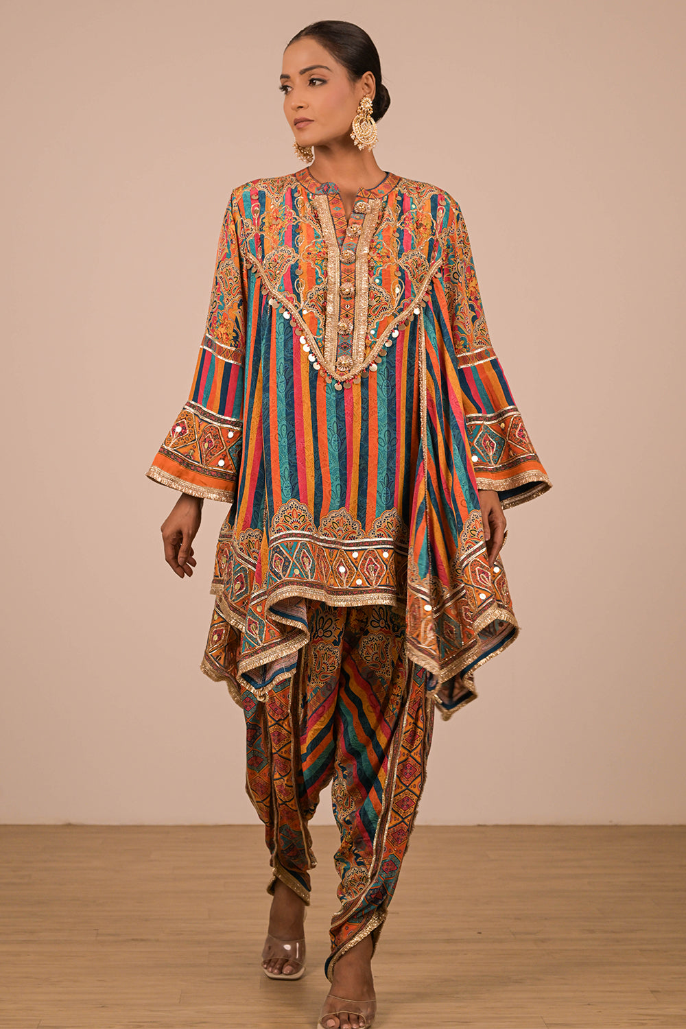 Multicolour Crepe Suit With Tulip Pant And Bag