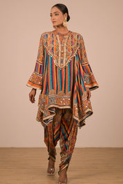 Multicolour Crepe Suit With Tulip Pant And Bag