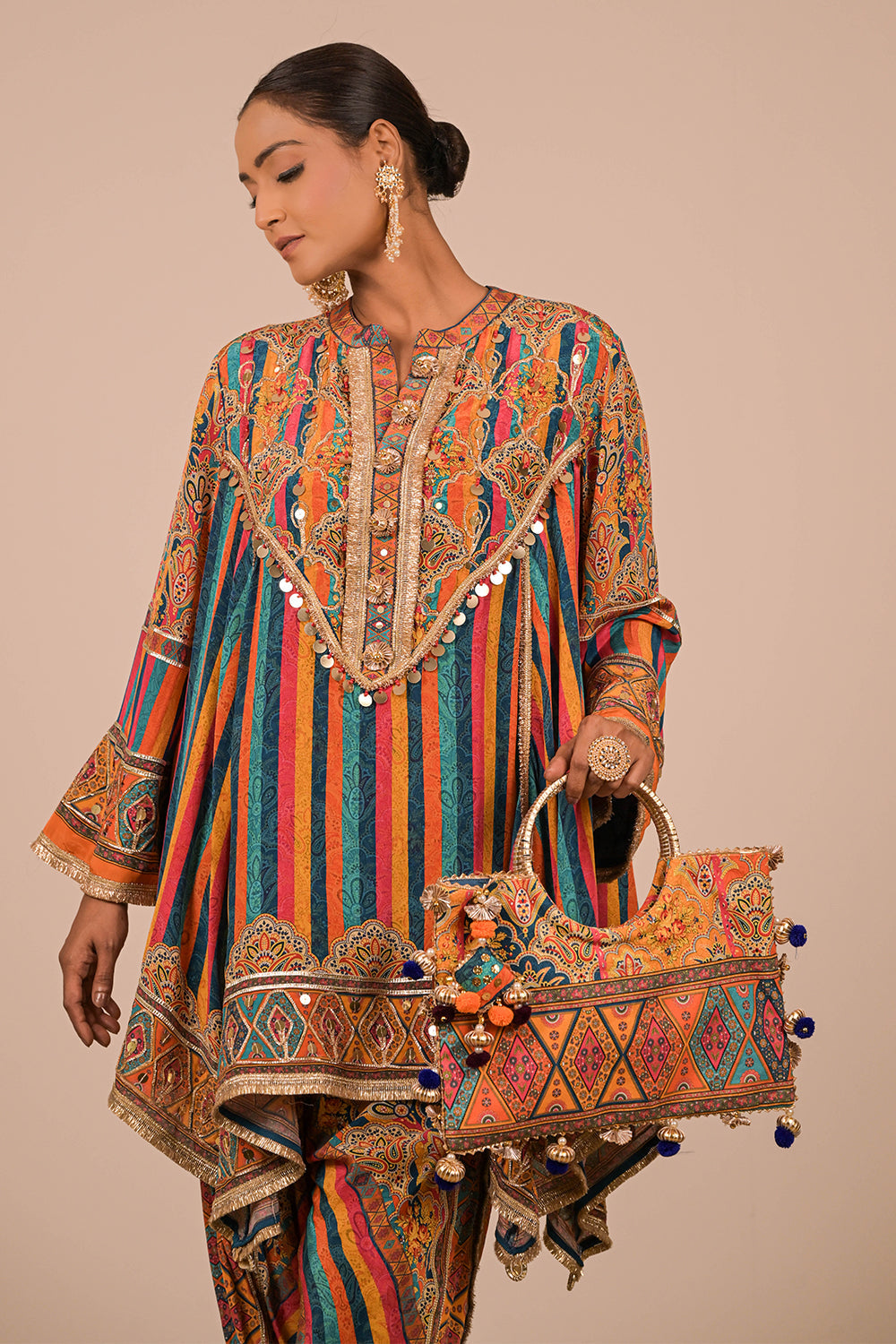 Multicolour Crepe Suit With Tulip Pant And Bag
