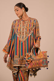 Multicolour Crepe Suit With Tulip Pant And Bag