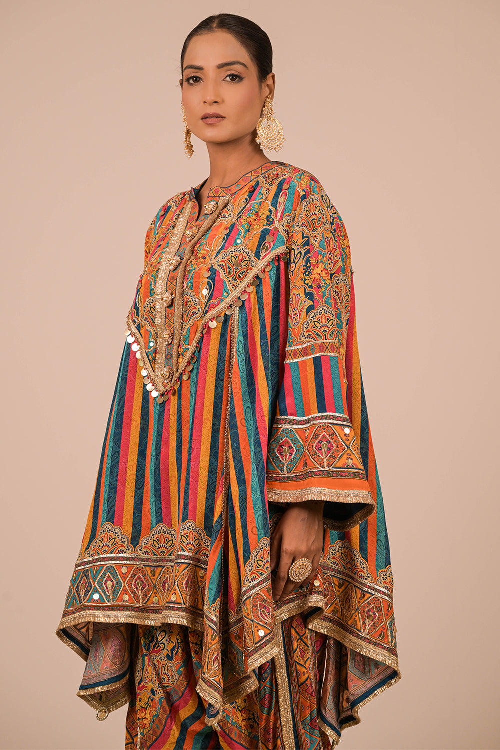 Multicolour Crepe Suit With Tulip Pant And Bag