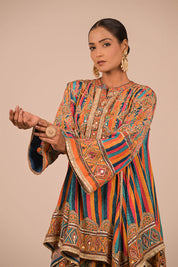 Multicolour Crepe Suit With Tulip Pant And Bag