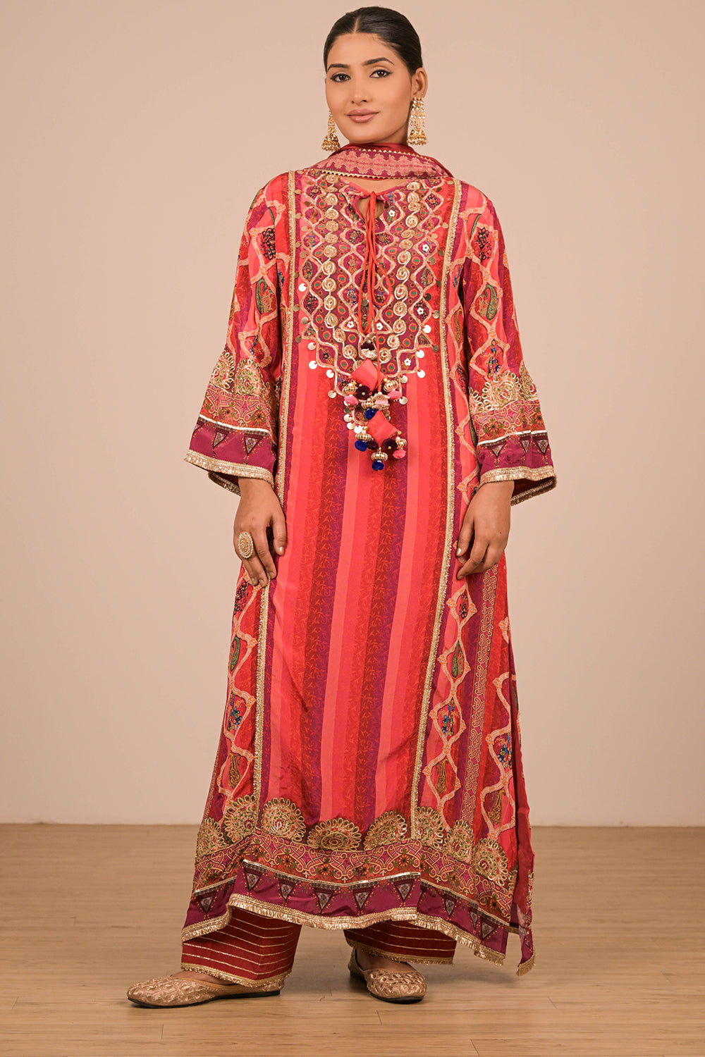 Vibrant Persian Red A Line Suit With Dupatta And Bag