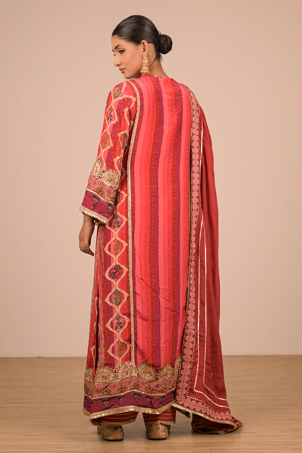 Vibrant Persian Red A Line Suit With Dupatta And Bag