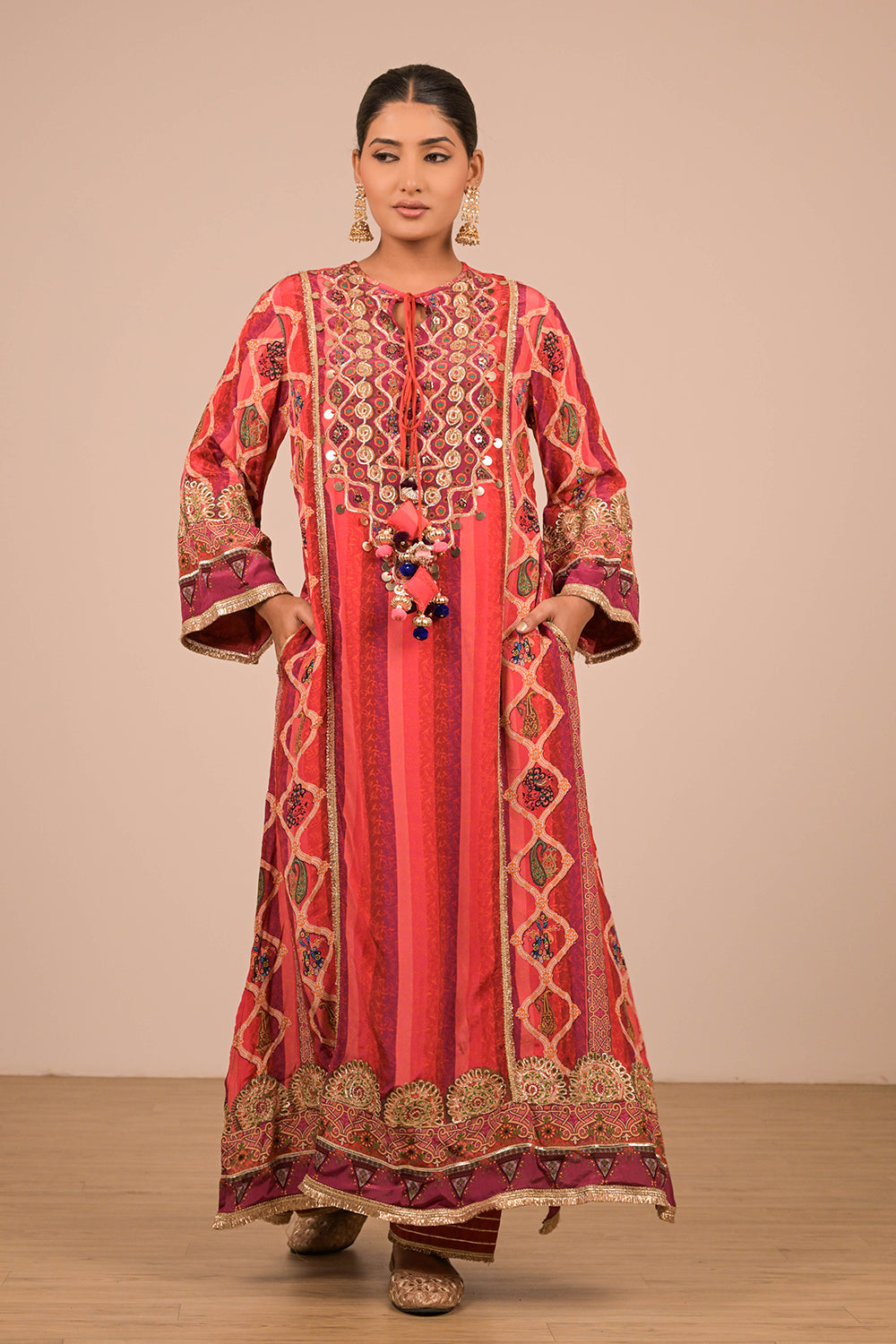 Vibrant Persian Red A Line Suit With Dupatta And Bag