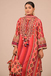 Vibrant Persian Red A Line Suit With Dupatta And Bag