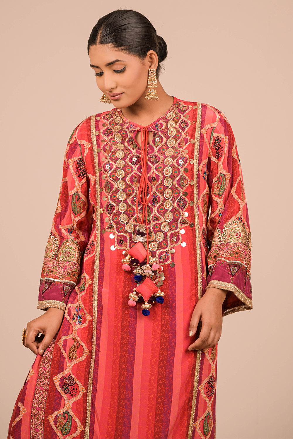 Vibrant Persian Red A Line Suit With Dupatta And Bag