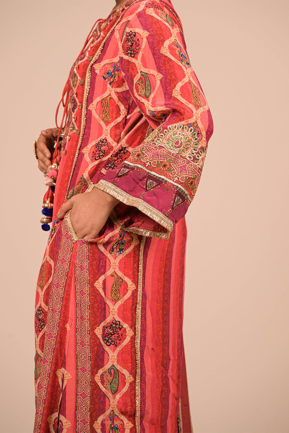 Vibrant Persian Red A Line Suit With Dupatta And Bag