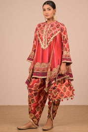 Vibrant Persian Red Suit Set with Tulip Pants And Potli Bag