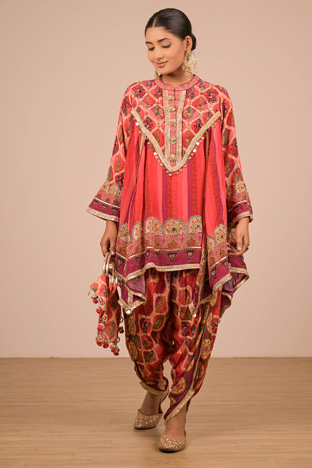 Vibrant Persian Red Suit Set with Tulip Pants And Potli Bag