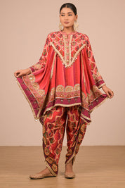 Vibrant Persian Red Suit Set with Tulip Pants And Potli Bag