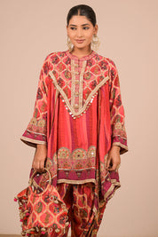 Vibrant Persian Red Suit Set with Tulip Pants And Potli Bag