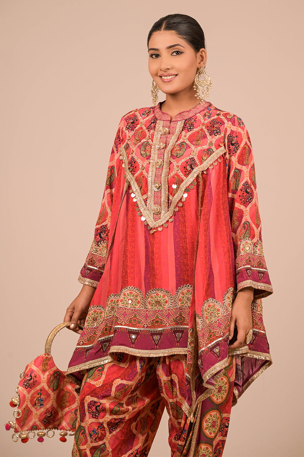 Vibrant Persian Red Suit Set with Tulip Pants And Potli Bag