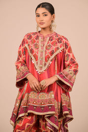 Vibrant Persian Red Suit Set with Tulip Pants And Potli Bag