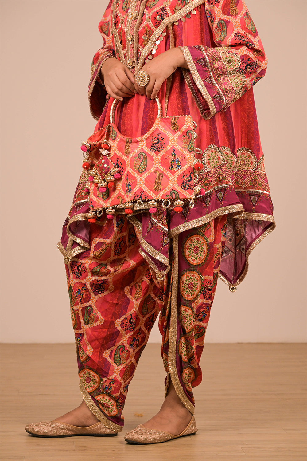 Vibrant Persian Red Suit Set with Tulip Pants And Potli Bag