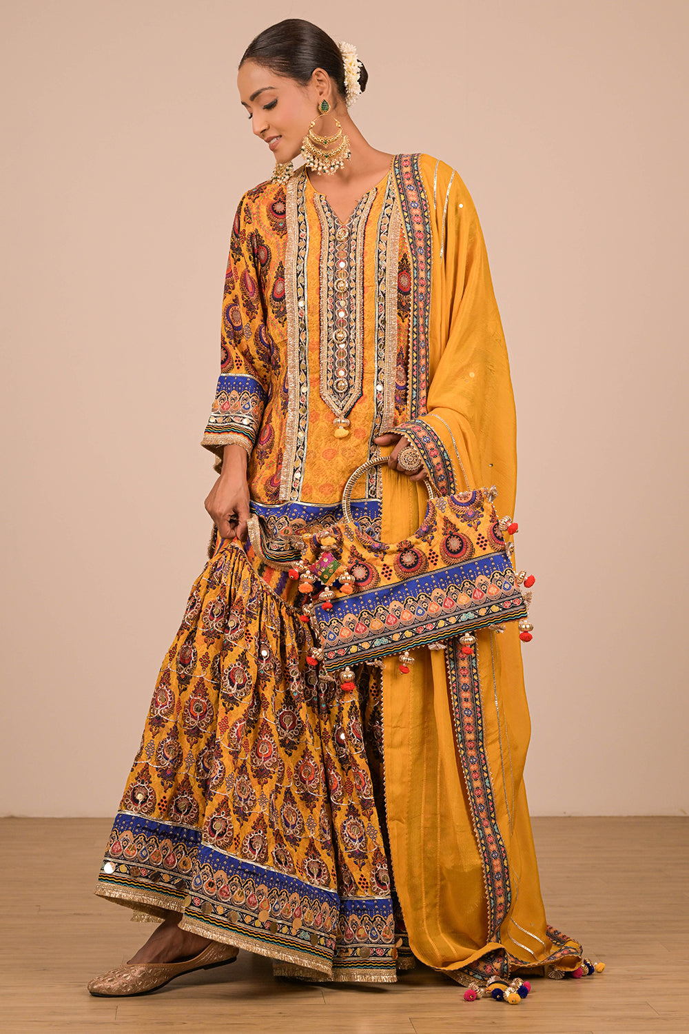 Yellow Crepe Sharara Set With Bag