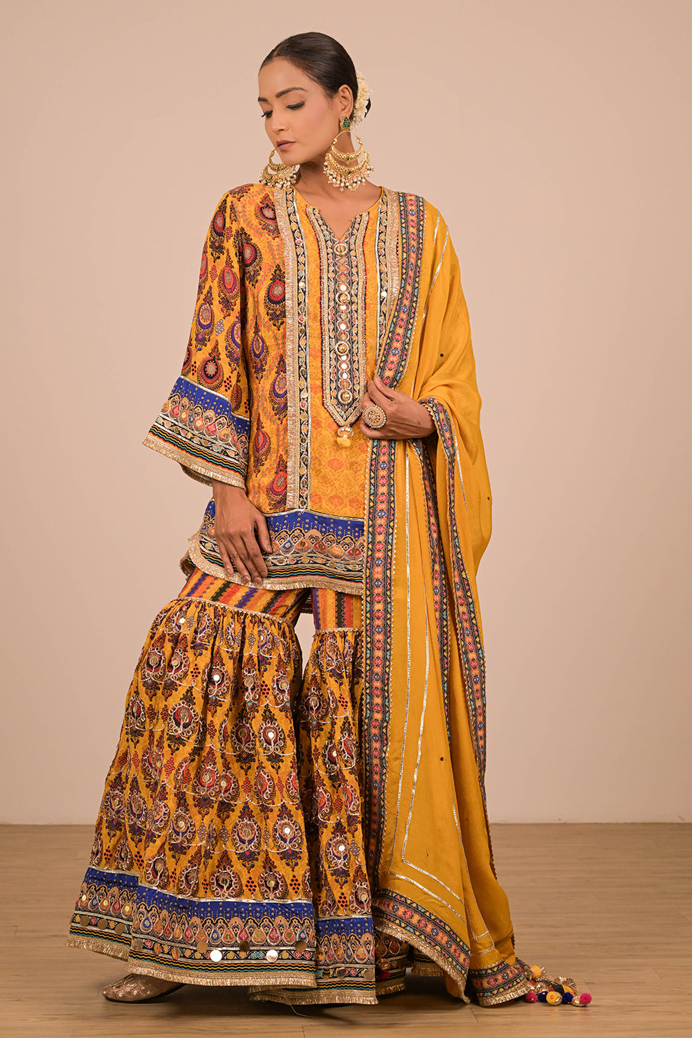 Yellow Crepe Sharara Set With Bag