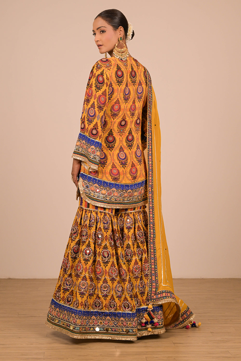 Yellow Crepe Sharara Set With Bag