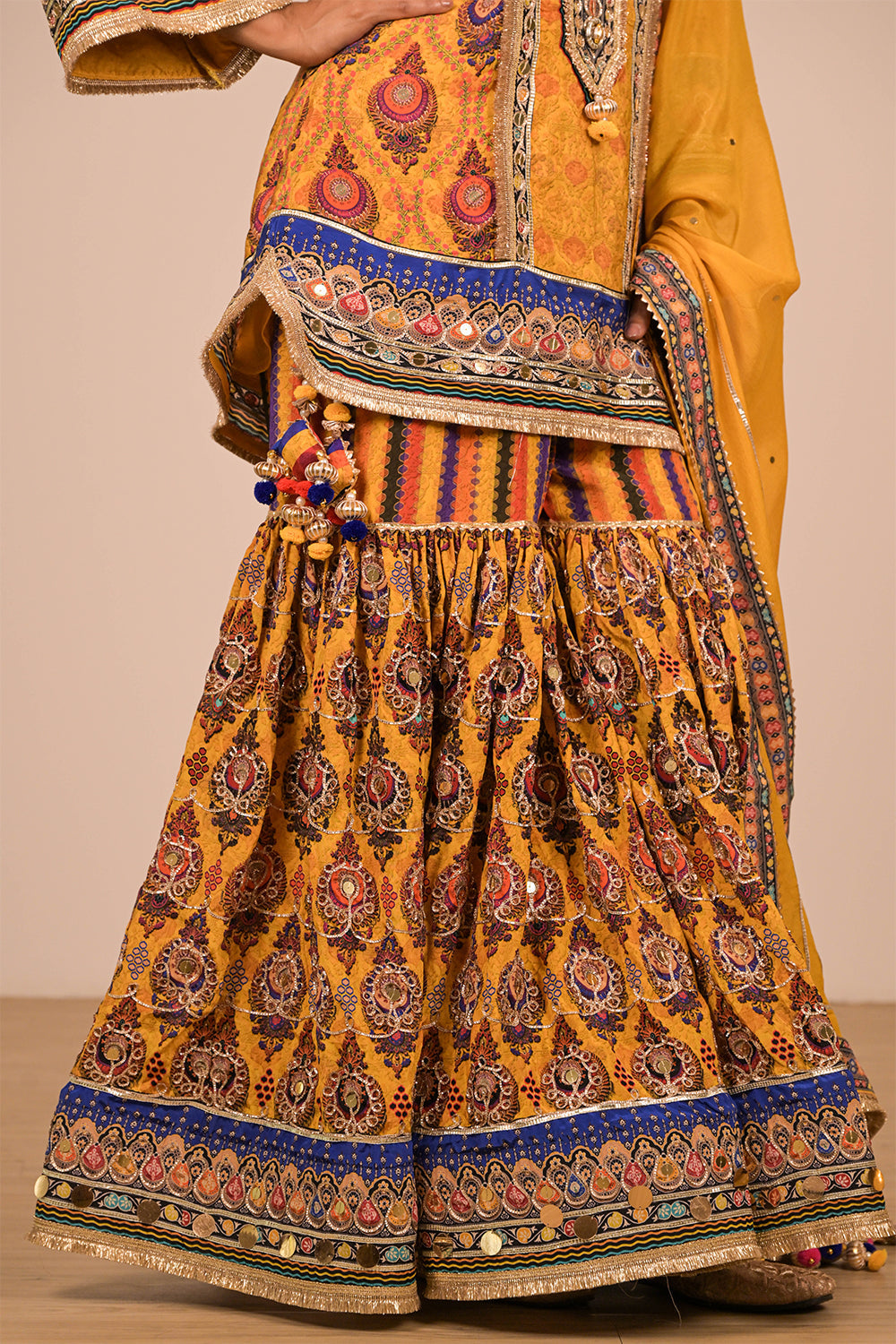 Yellow Crepe Sharara Set With Bag