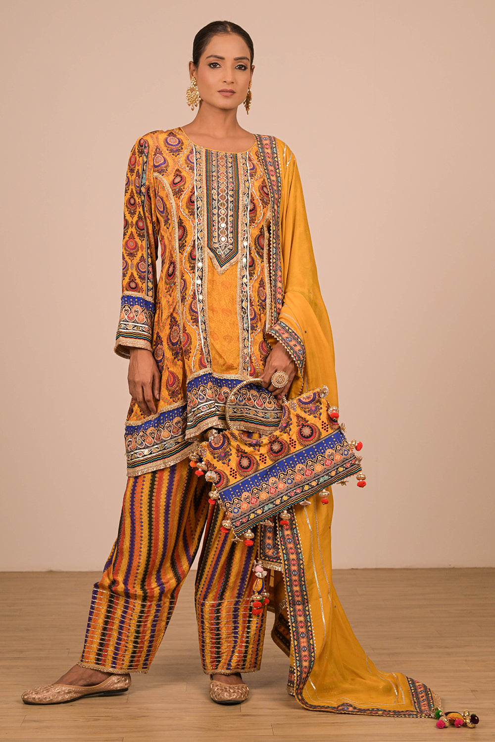 Yellow Suit Set with Farsi Salwar And Bag
