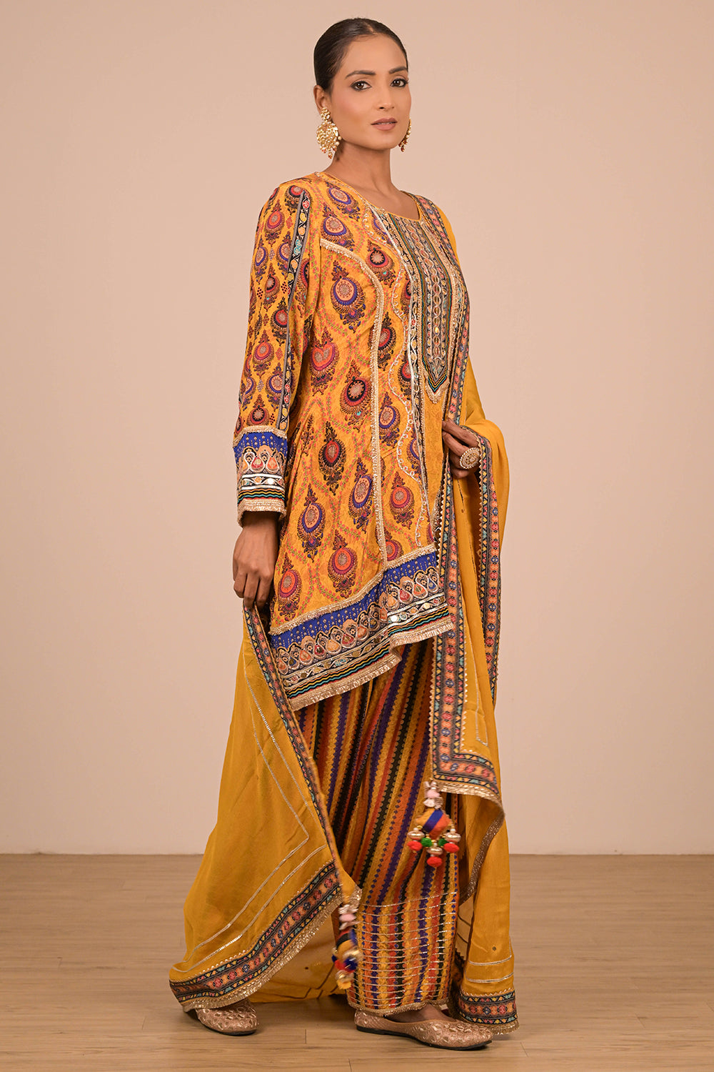 Yellow Suit Set with Farsi Salwar And Bag