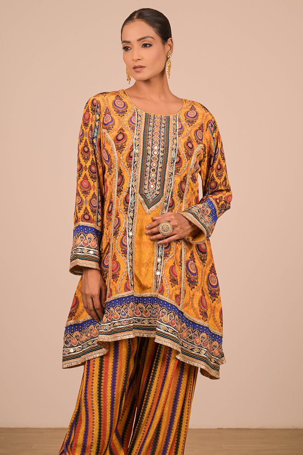 Yellow Suit Set with Farsi Salwar And Bag