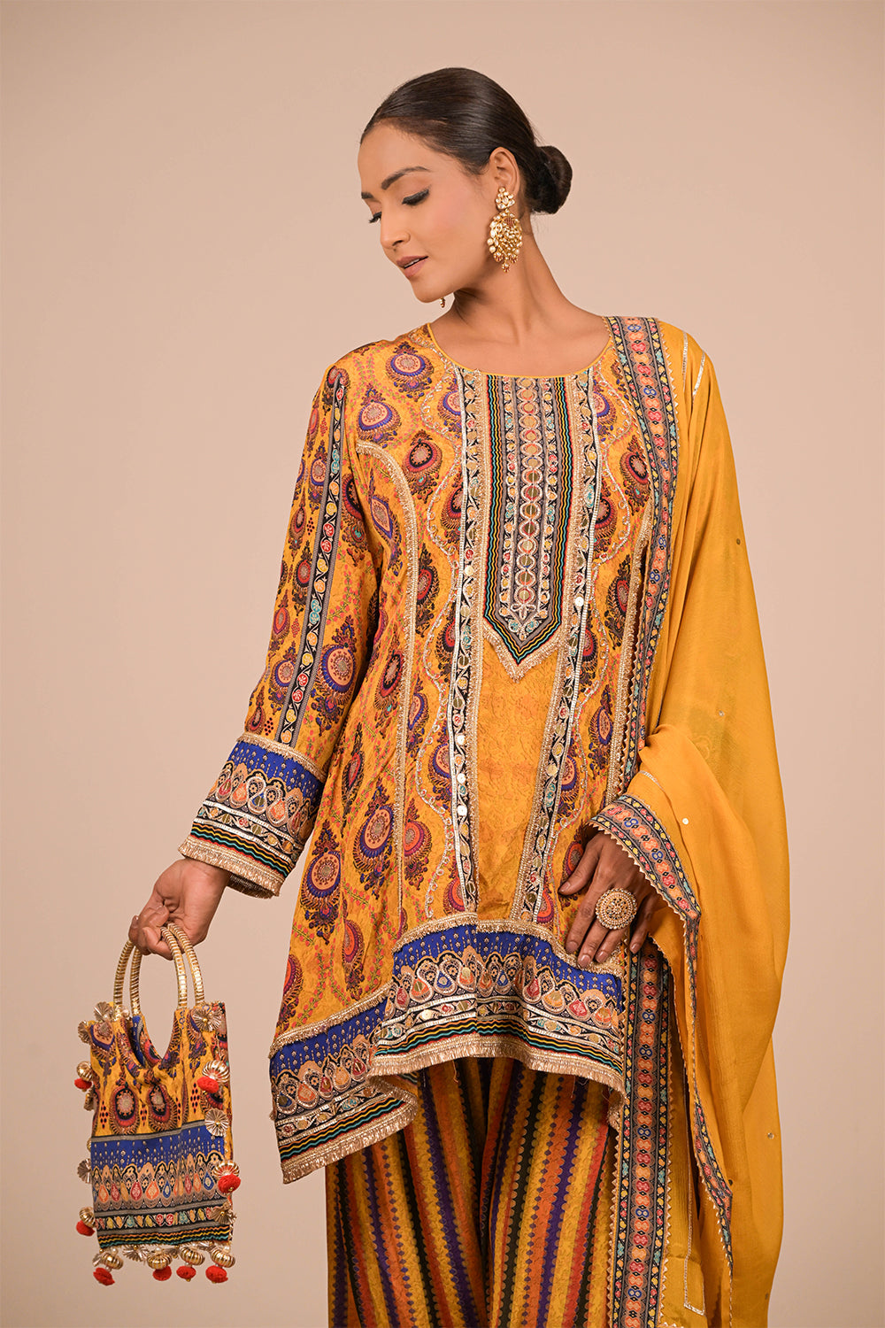 Yellow Suit Set with Farsi Salwar And Bag