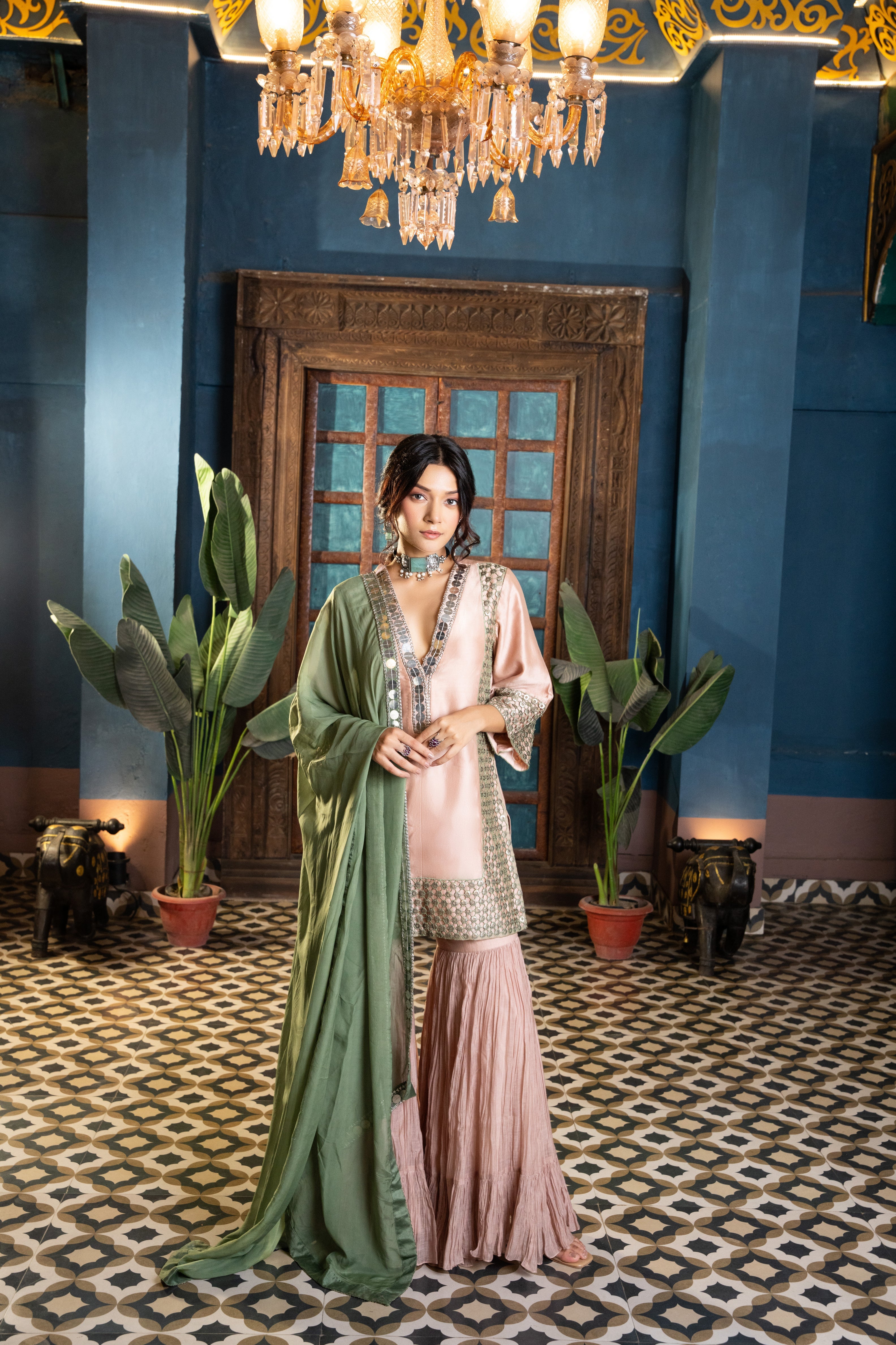 Beige Green Coin Cutwork Sharara Set