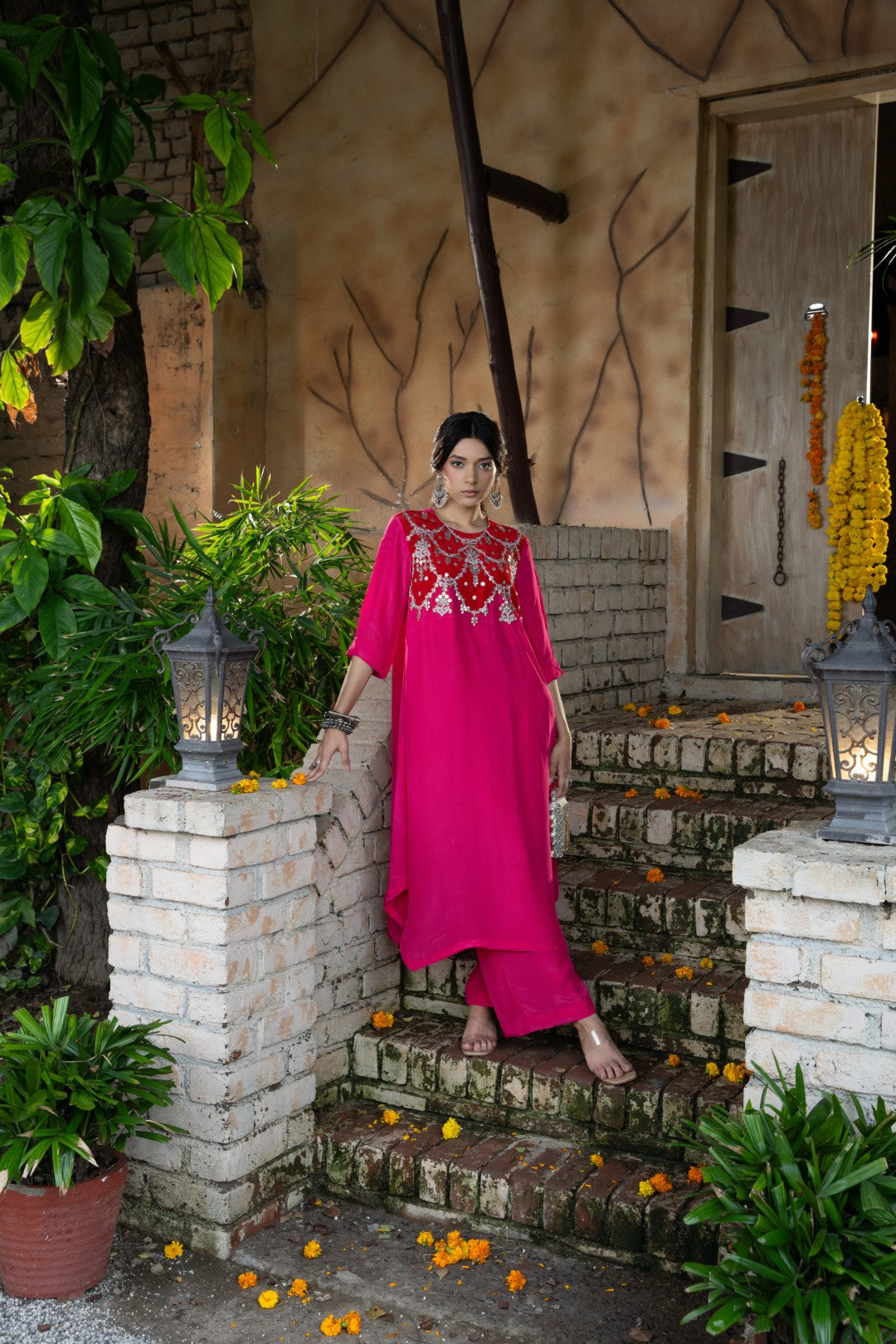 Red Magenta Choli Embroidered Pallazzo Set