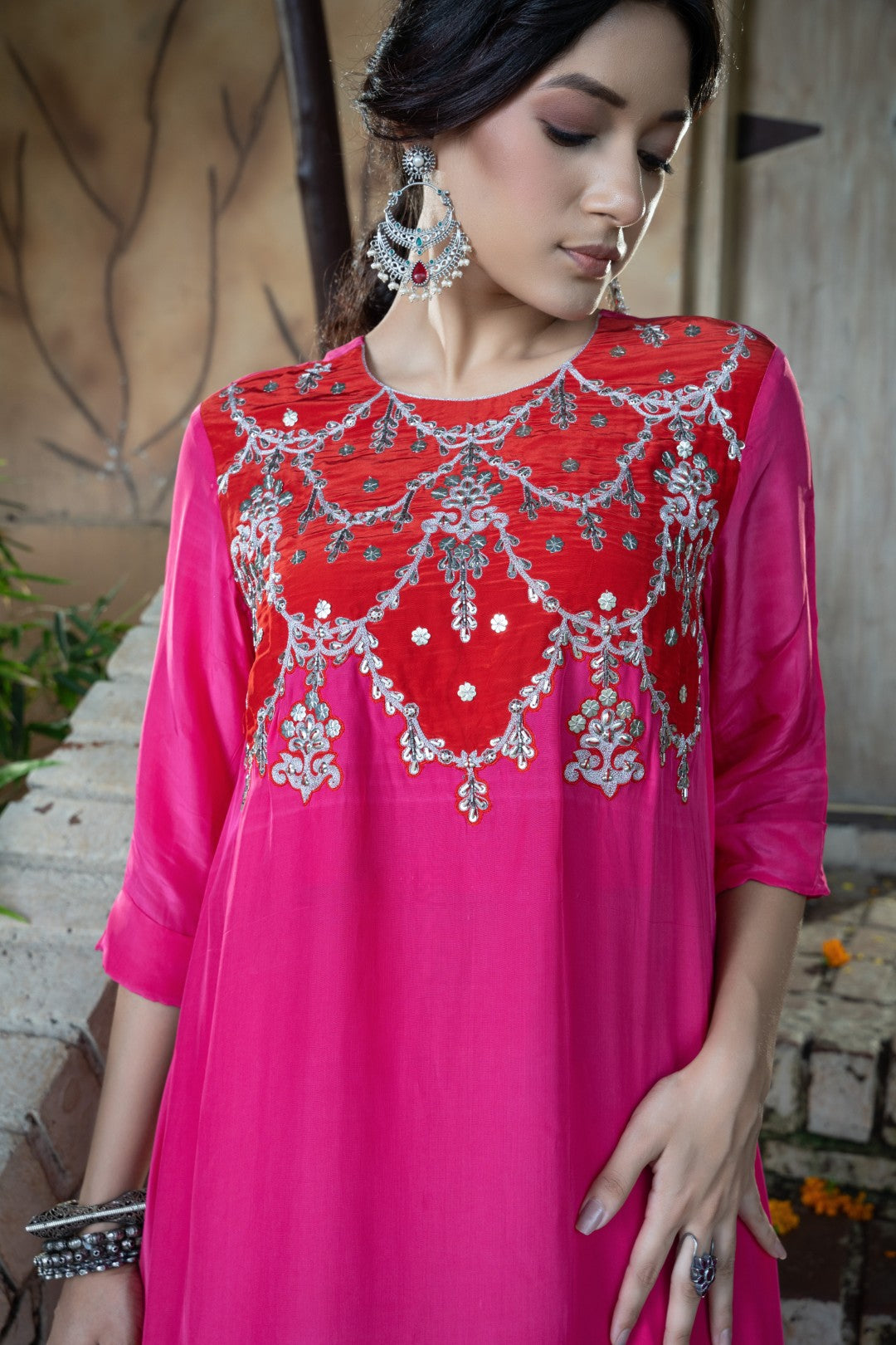 Red Magenta Choli Embroidered Pallazzo Set